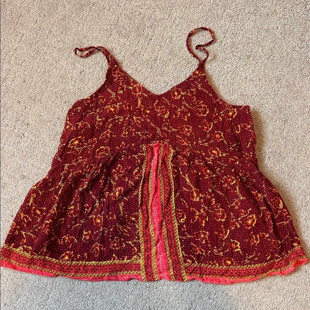 Free People Red Orange Floral Tank Spaghetti Strap Womens Med 100% Rayon Boho - Picture 10 of 11